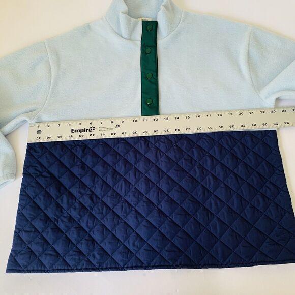 J Crew Sweater Women L Quilted Sherpa Half Zip Snap Button Navy Green Preppy - Picture 6 of 13